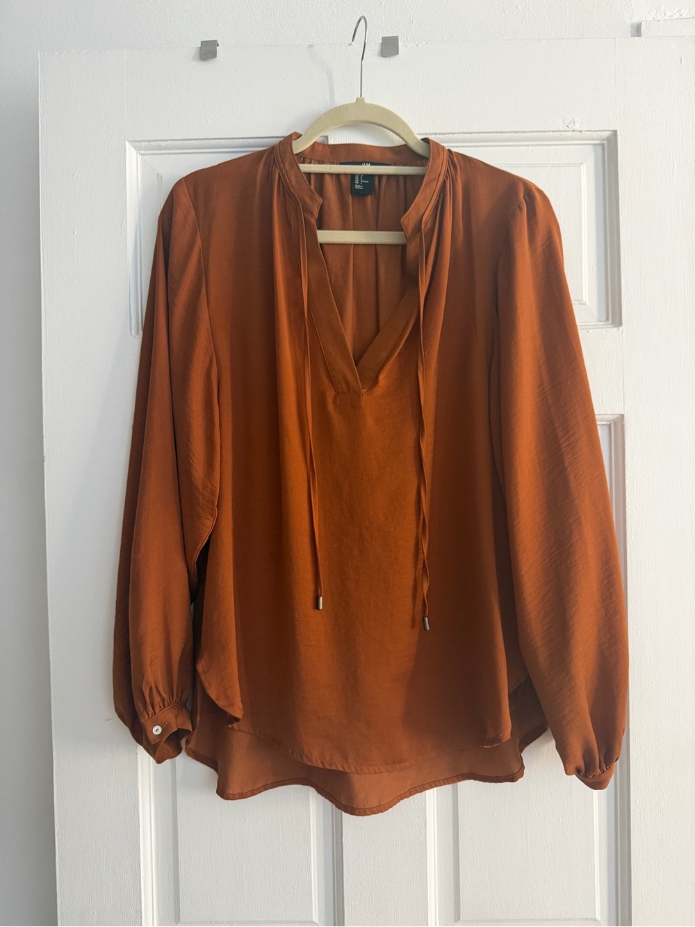 H&M Rust Tie-Neck Long Sleeve Blouse
